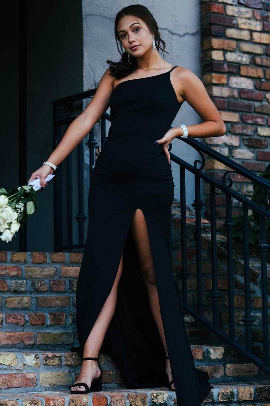 One Shoulder Black Flattering Long Prom Dress with Slit