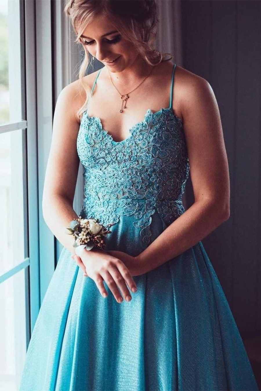 Blue A-line Lace Appliques Long Prom Dress with Lace Up Back