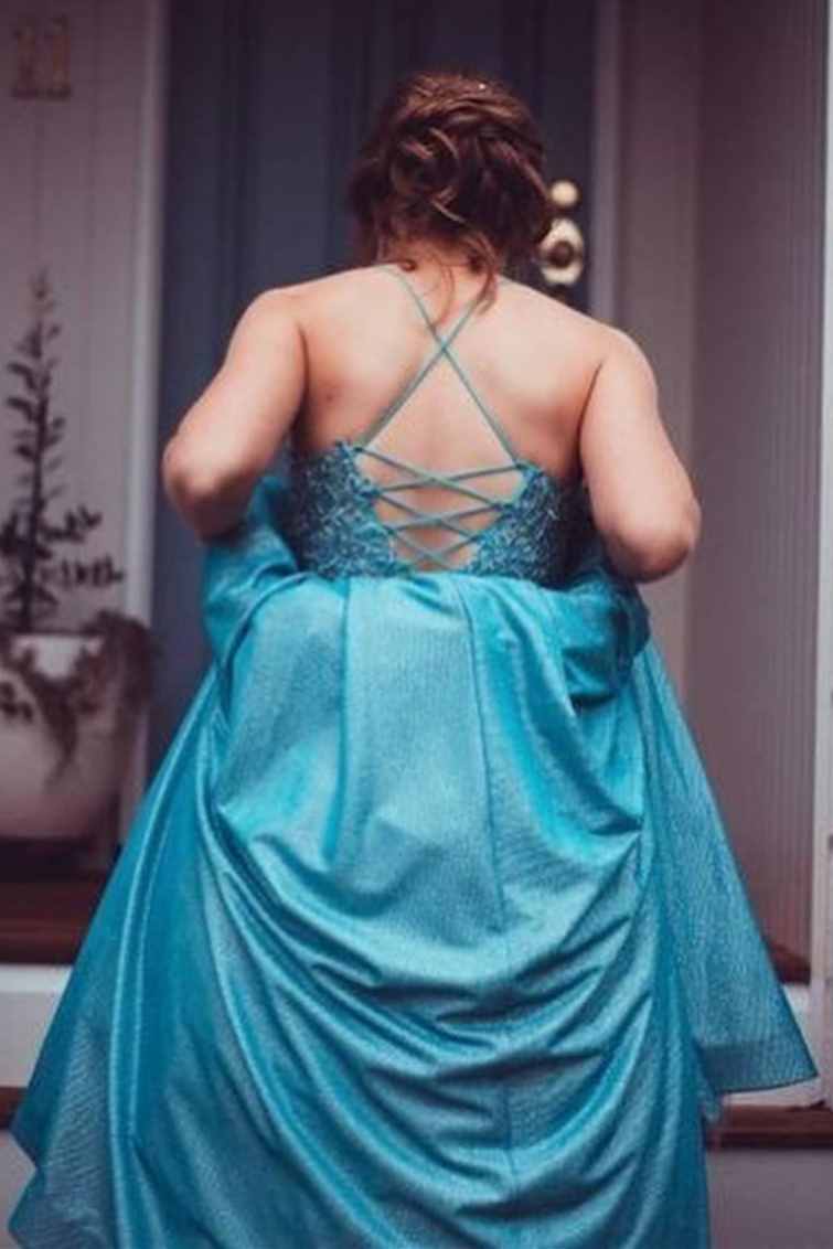 Blue A-line Lace Appliques Long Prom Dress with Lace Up Back