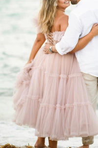 Chic Pink Tulle Midi Length Party Dress