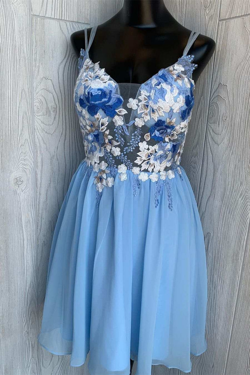 Blue Floral Embroidered A-line Short Homecoming Dress