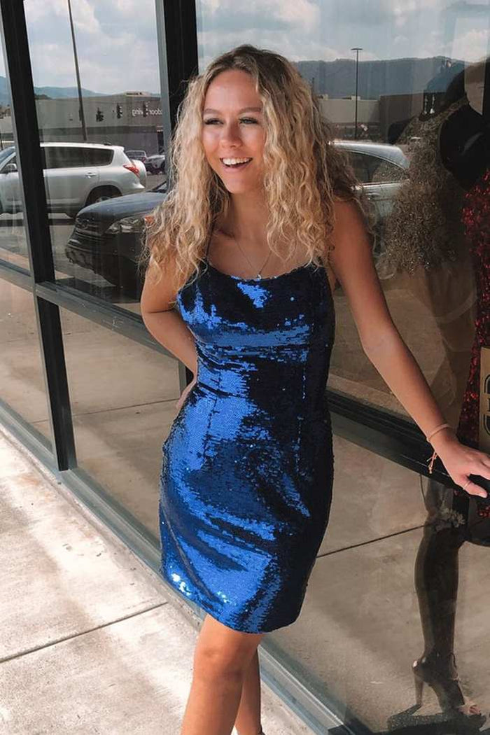 Navy Blue Sequins Tight Party Dress