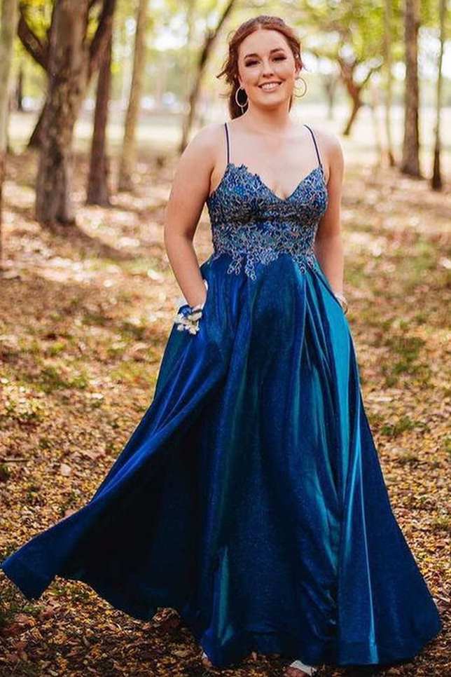 Navy Blue A-line Appliques Long Prom Dress with Pockets