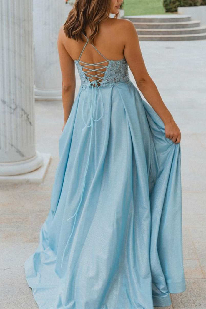 Light Blue A-line Straps Long Formal Dress