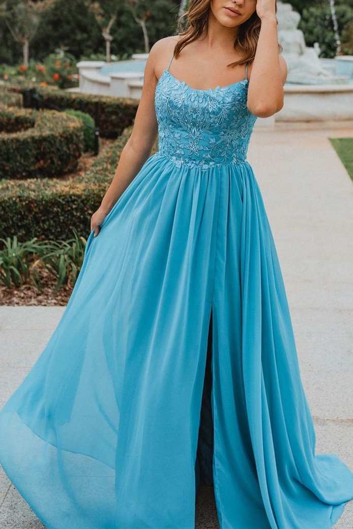 Blue A-line Appliques Chiffon Long Prom Dress