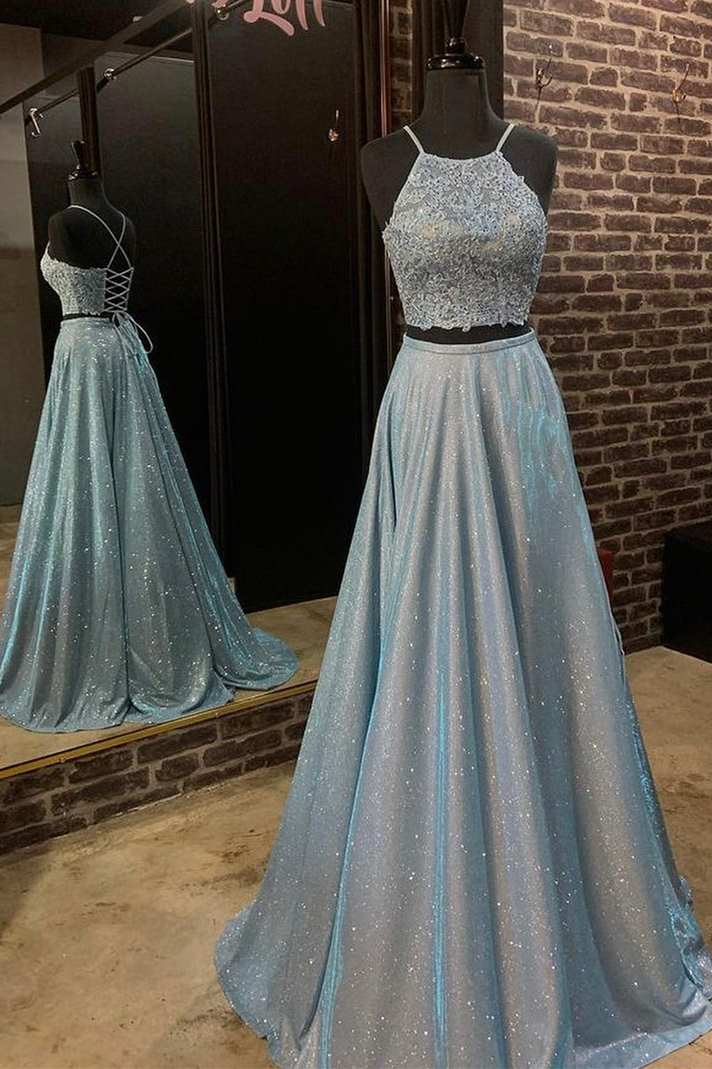 Two Piece Blue Long Formal Dress with Lace Top