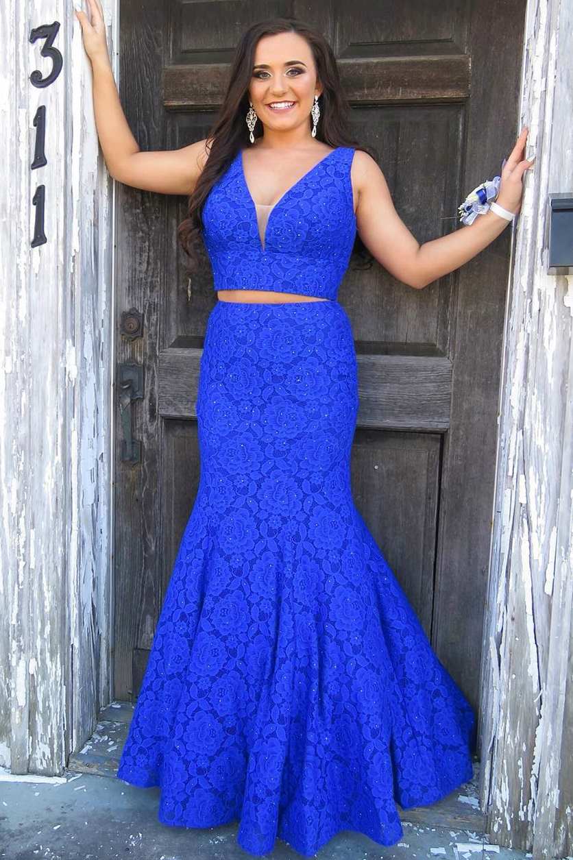 Two Piece Royal Blue Lace Long Prom Dress