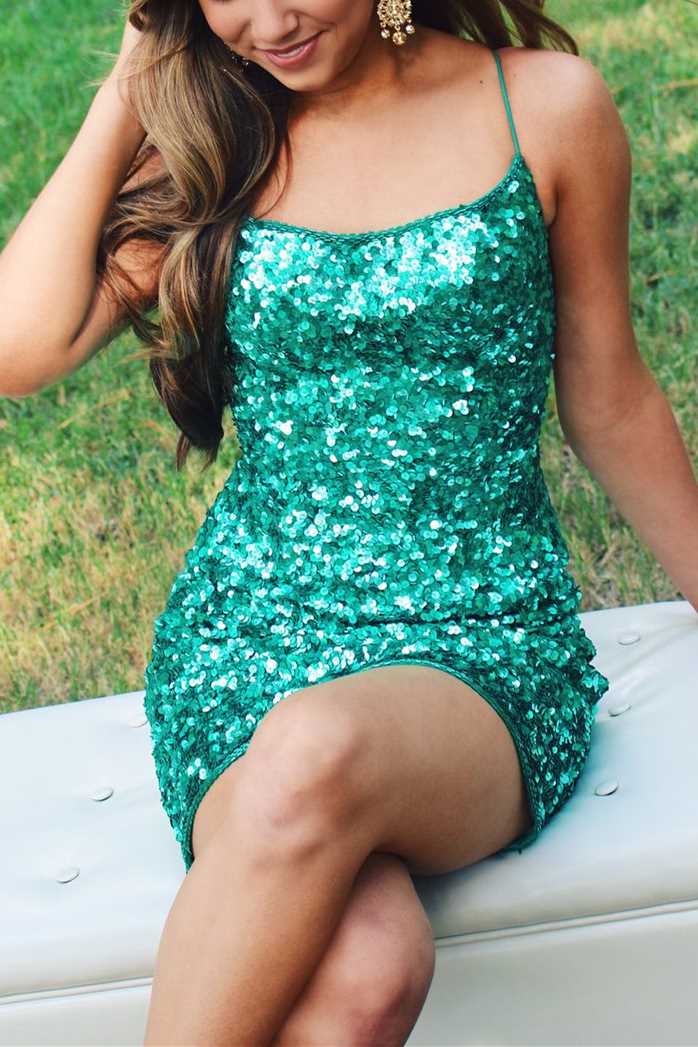 Glitter Tight Green Sequins Mini Party Dress