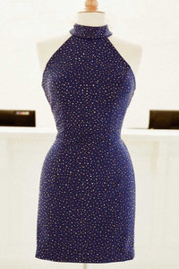 Tight Purple Short Party Dress with Gold Sequins