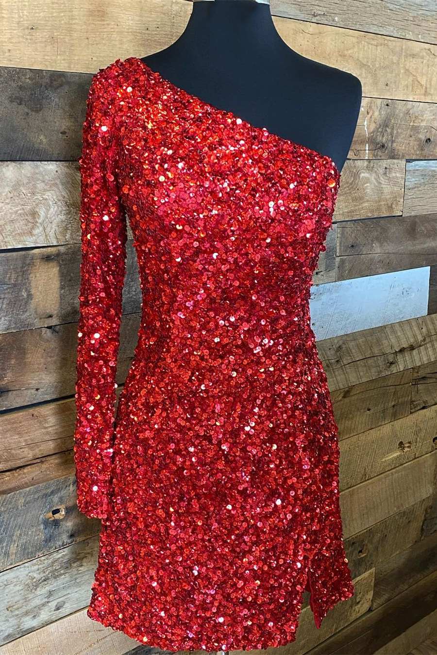 Red Sequins One-shoulder Long Sleeve Party Dress