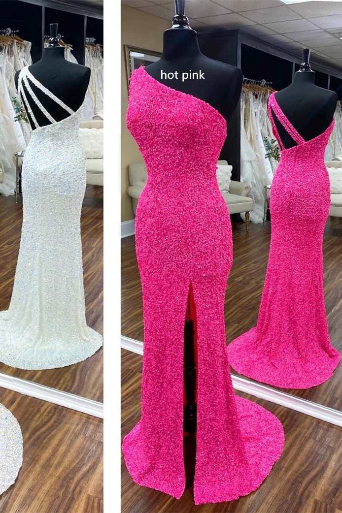 One Shoulder White Sequins Long Formal Gown