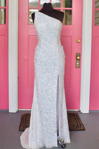 One Shoulder White Sequins Long Formal Gown