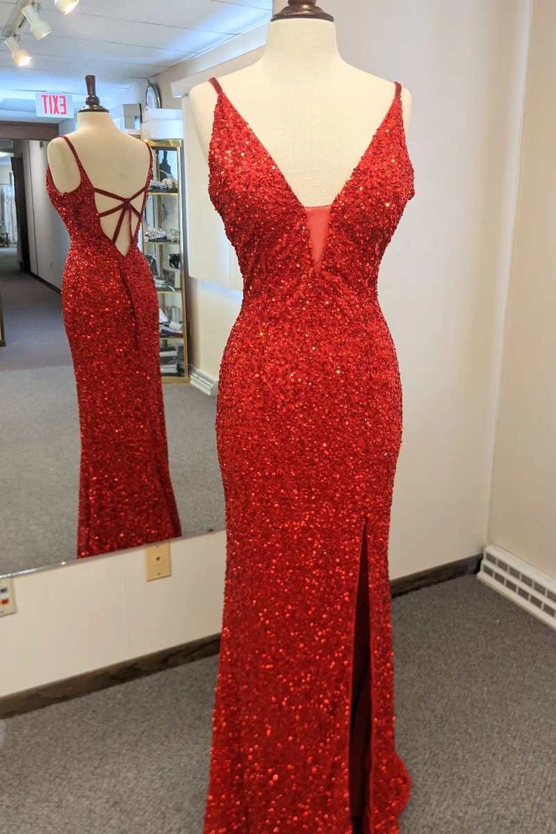 Red Sequin Plunge Neck Cutout Back Long Prom Dress with Slit