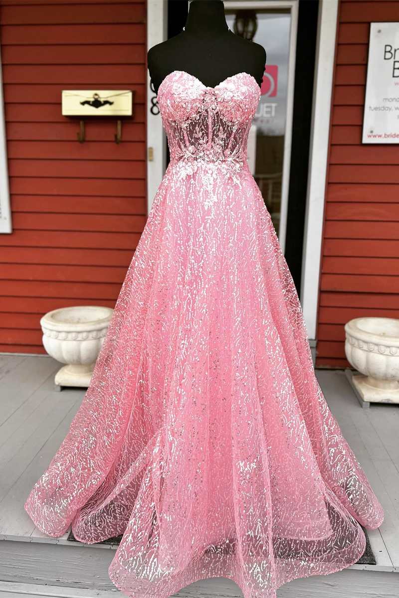 A Line Pink Tulle Flower Sweetheart Appliques Prom Dress A Line Pink Tulle Flower Sweetheart Appliques Prom Dress