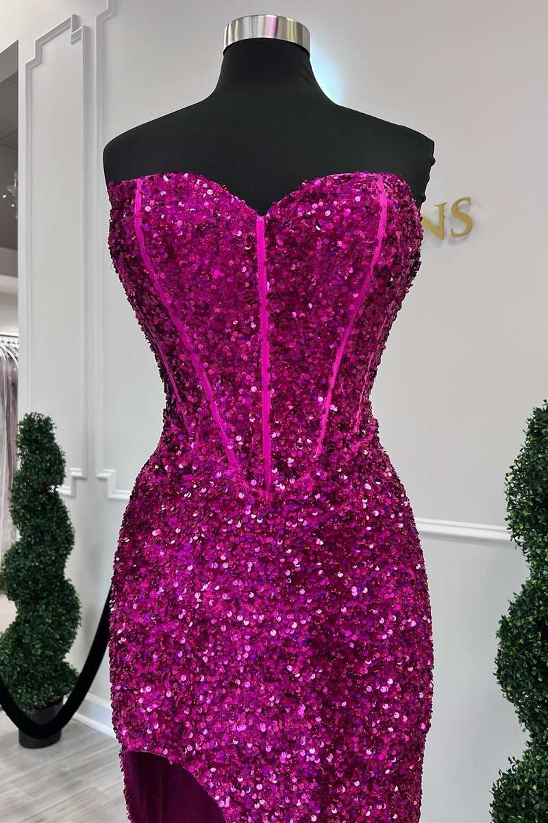 Fuchsia Sequin Strapless Mermaid Long Prom Dress with Slit