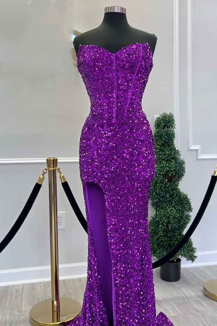 Fuchsia Sequin Strapless Mermaid Long Prom Dress with Slit