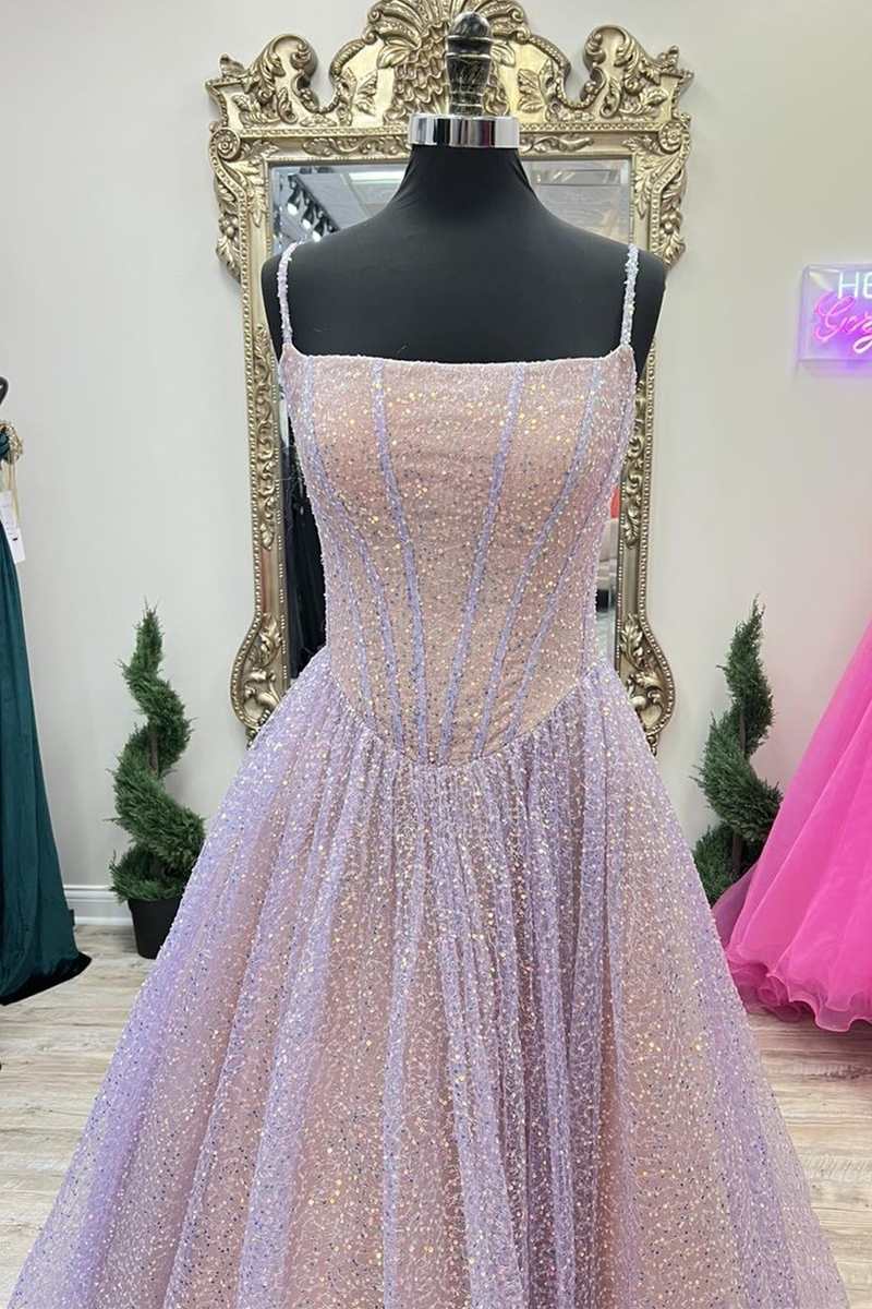 Princess Pink Sequins Straps A-Line Prom Gown