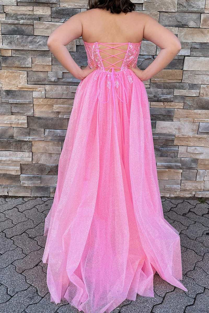 Glitter Strapless Hot Pink Appliques A-Line Prom Dress