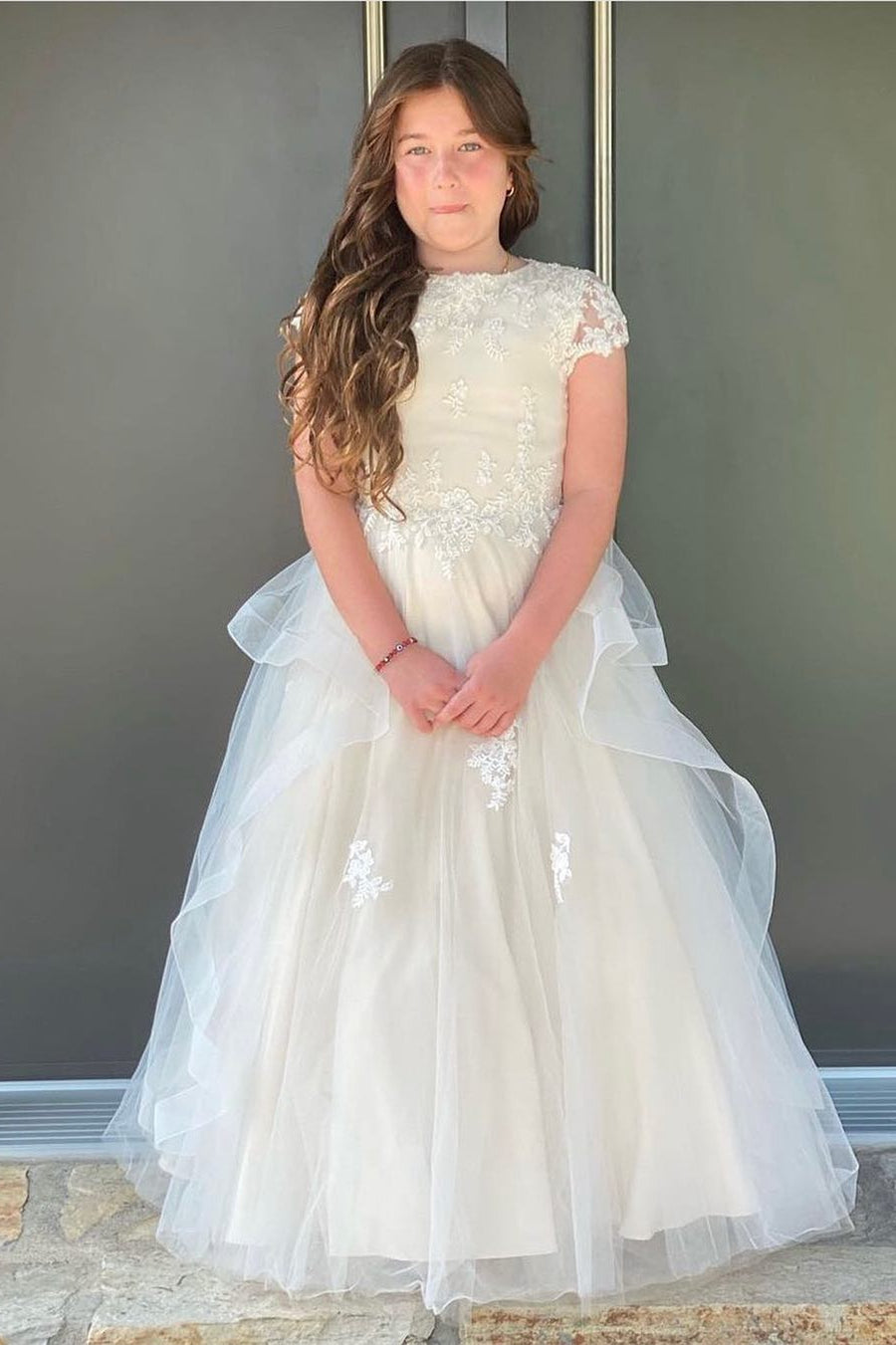 Ivory Cap Sleeves Appliques Ruffle Layers Long Flower Girl Dress