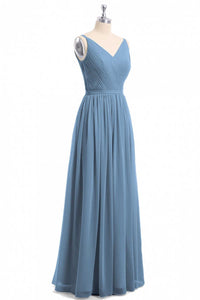 Simple Dusty Blue V-Neck Backless A-Line Long Bridesmaid Dress