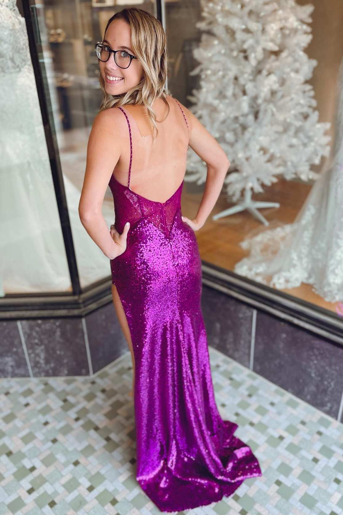 Purple Sequin Spaghetti Straps Backless Long Prom Dress