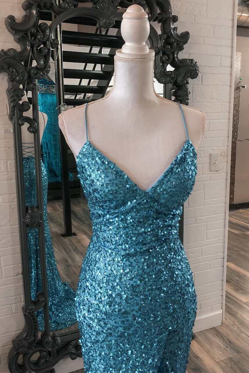 Blue Sequin V-Neck Lace-Up Mermaid Long Dress with Slit