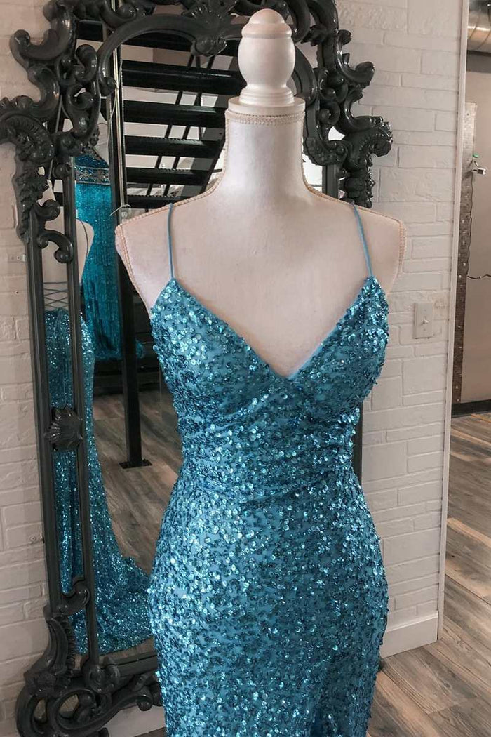 Blue Sequin V-Neck Lace-Up Mermaid Long Dress with Slit