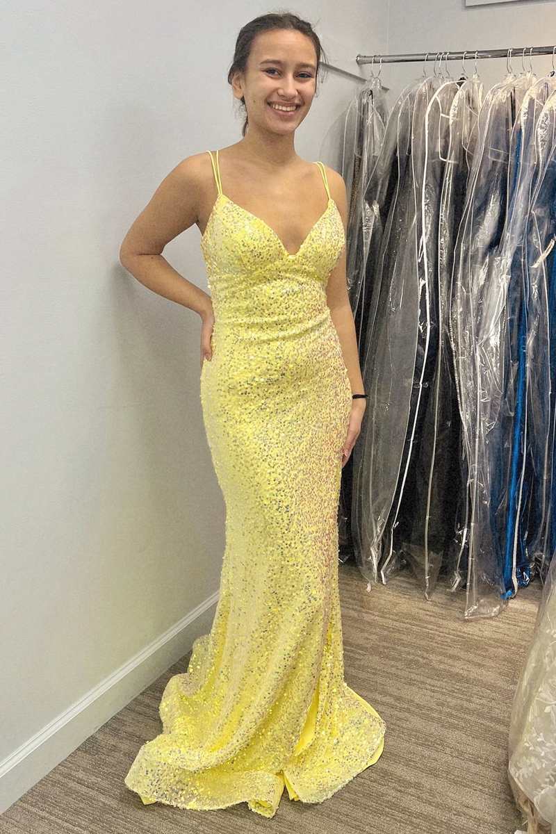 Yellow Sequin V-Neck Lace-Up Back Long Prom Dress with Slit