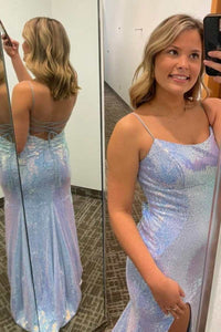 Sequins Scoop Neck Lace-Up Mermaid Long Prom Gown with Slit
