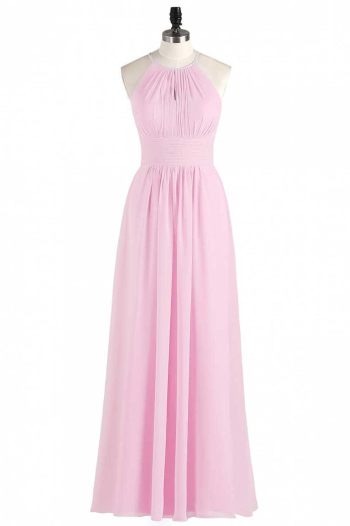Pink Chiffon Halter Sleeveless A-Line Long Bridesmaid Dress