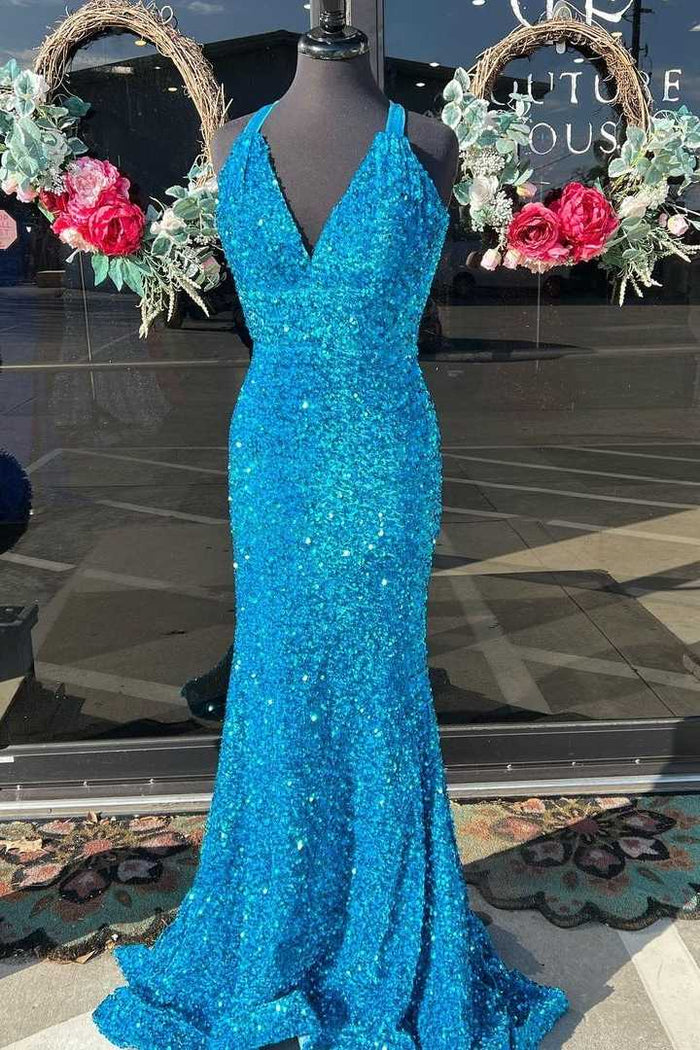 Blue Sequin V-Neck Cross-Back Mermaid Long Prom Dress
