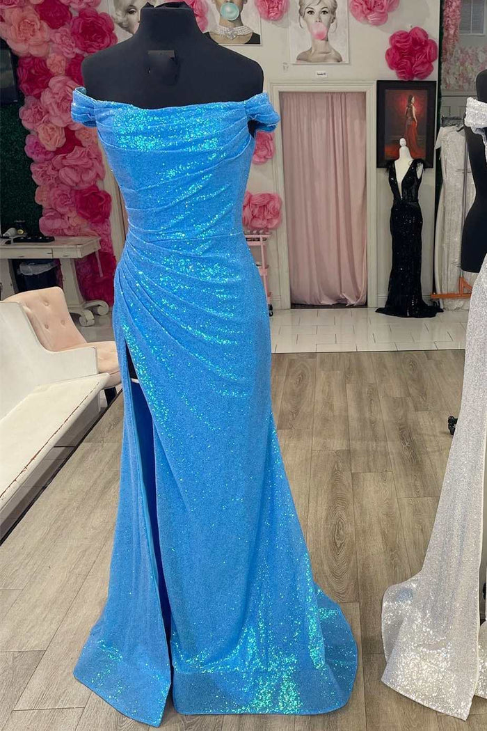 Blue Sequin Off-the-Shoulder Mermaid Long Prom Dress with Slit
