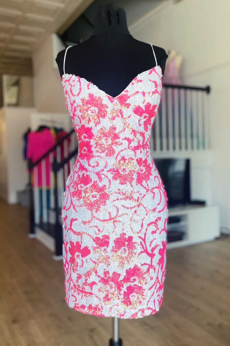 Pink Sequins Flower Print Lace-Up Mini Cocktail Dress
