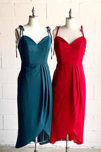 Green & Red Faux-Wrap Bow Tie Shoulder Pleated Chiffon HI-Low Bridesmaid Dress