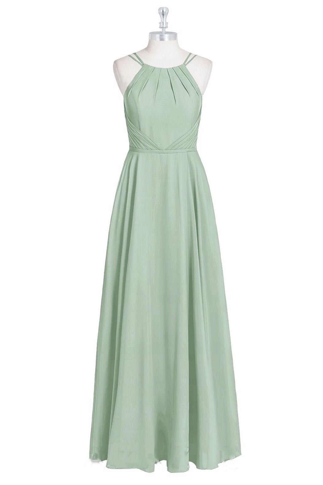 Sage Green Chiffon Halter A-Line Long Bridesmaid Dress