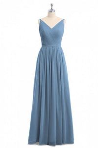 Simple Dusty Blue V-Neck Backless A-Line Long Bridesmaid Dress