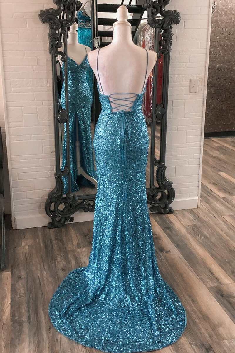 Blue Sequin V-Neck Lace-Up Mermaid Long Dress with Slit