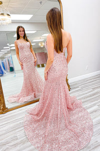 Pink Sequins Mermaid Spaghetti Straps Boning Long Prom Dress
