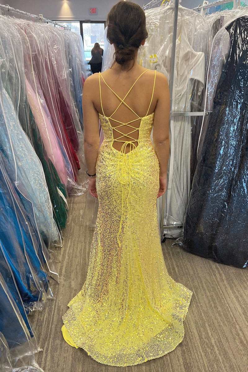 Yellow Sequin V-Neck Lace-Up Back Long Prom Dress with Slit