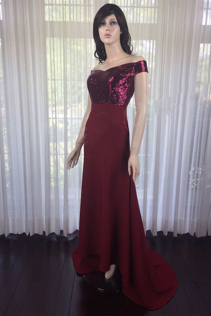 Wine Red Sequin Off-the-Shoulder Long Bridesmaid Dress