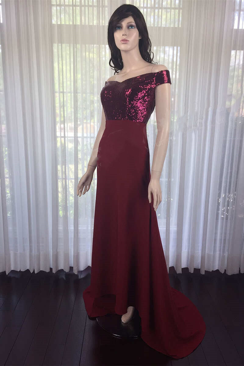 Wine Red Sequin Off-the-Shoulder Long Bridesmaid Dress