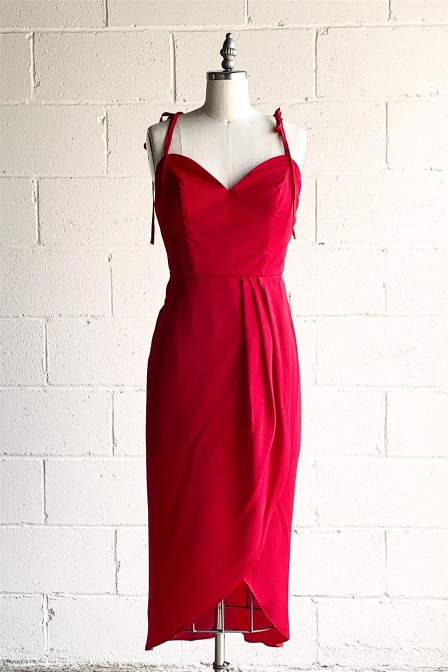 Red Faux-Wrap Bow Tie Shoulder Pleated Chiffon HI-Low Bridesmaid Dress