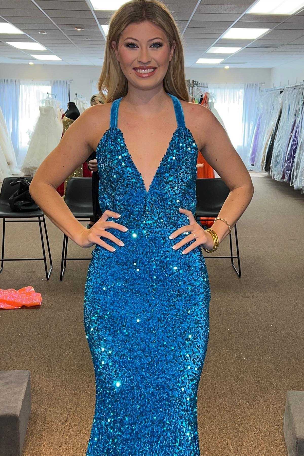 Blue Sequin V-Neck Cross-Back Mermaid Long Prom Dress
