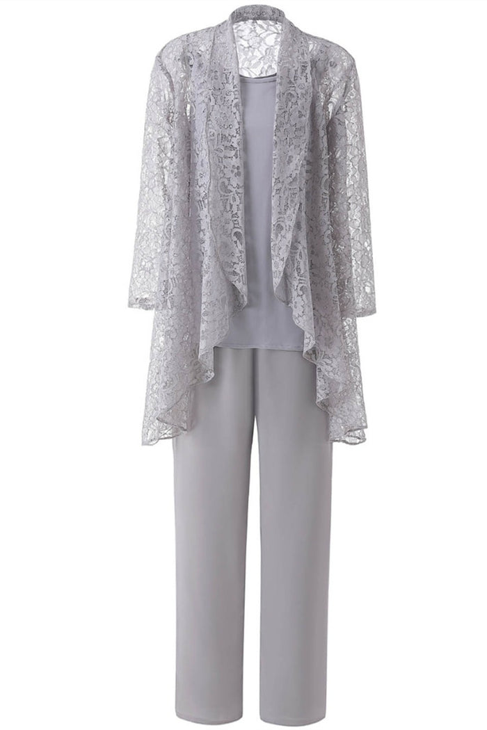 Three-Piece Grey Lace Mother of the Bride Pant Suits