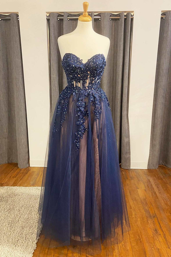 Navy Floral Appliques Strapless A-Line Prom Dress