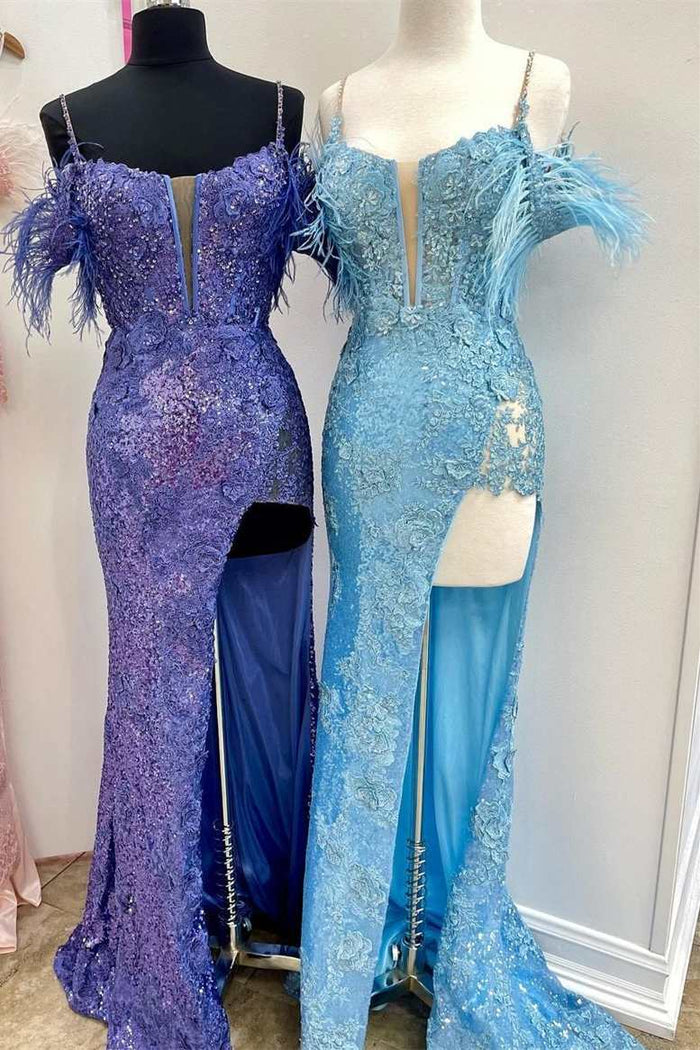 Sequin Feather Cold-Shoulder Mermaid Long Prom Dress with Slit