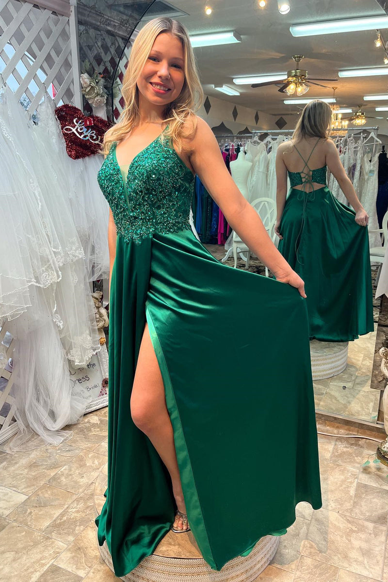 Dark Green V Neck Lace-Up Back Beaded Appliques Long Prom Dress with Slit