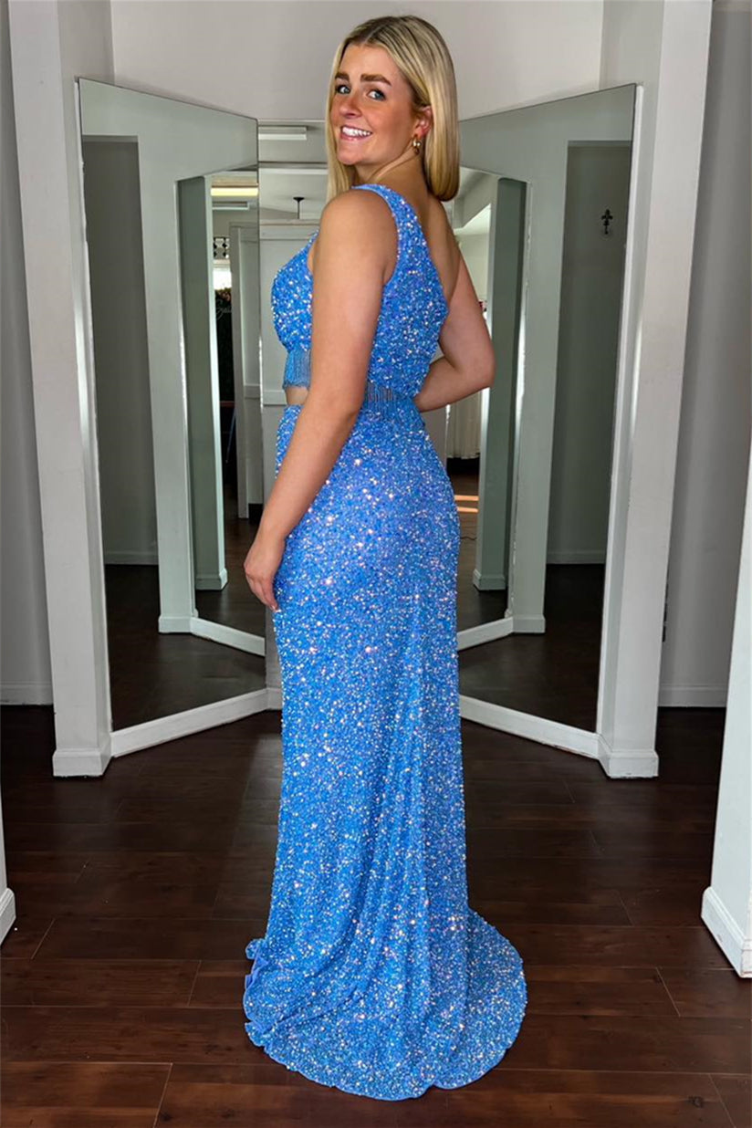 Blue Jay One Shoulder Sequins Beading Cut-Out Long Prom Dress with Slit