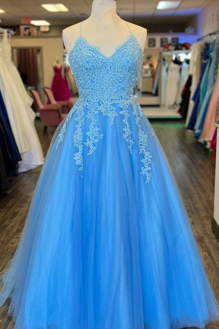 Blue Tulle Appliques Lace-Up Back A-Line Prom Dress