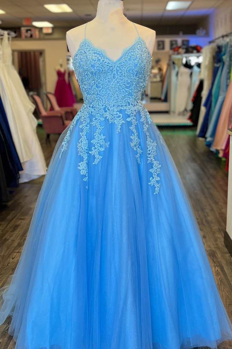 DDreamdressy Light Blue Tulle Off-The-Shoulder Tiered A-Line Prom Dress Light Blue / US 10